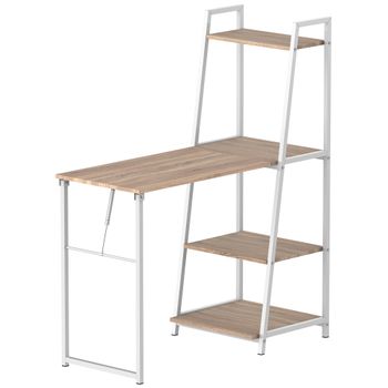 HOMCOM Escritorio Plegable Abatible - Escritorio biblioteca 2 en 1-4 estantes - Imitación Roble Claro metal Blanco   Aosom España