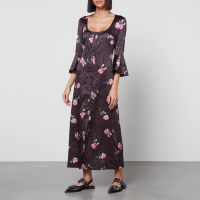 ganni floral-print crinkled satin midi dress - eu 34uk 6