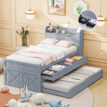 Cama Individual De Madera Maciza De 90 X 190 Cm, Cama Nido Extraíble Gris