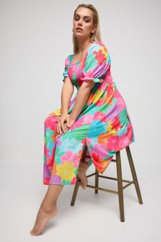 Yours Vestido Midaxi Rosa Y Azul Floral Cuerpo Fruncido, Mujer Curvy Y Tallas Grandes, Yours