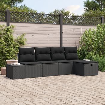 Conjunto De Sofás De Jardín De 5 Piezas Con Cojines Negro Ratán Poliéster V8136 Unico / Negro