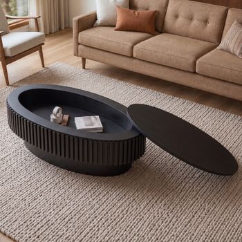 Mesa De Centro Ovalada Negra De 98 Cm Con Almacenaje Oculto