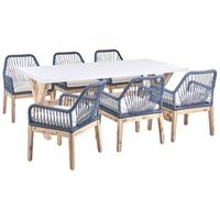 conjunto de comedor exterior con sillas mesa tablero de hormigon patas de madera 6 sillas de polipropileno cojines blanco azul marino olbia