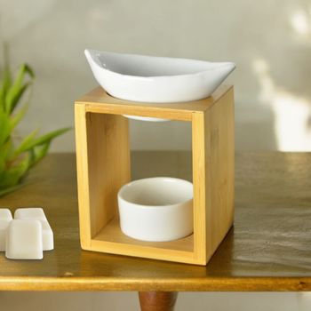 Quemador de perfume bambú y hojas en cerámica lacada blanca - h15cm