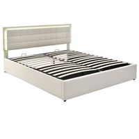 cama de doble tamano 180x200 cm con colchon elastico y almacenamiento estructura de metal y madera tapizada en pu blanco con tira led regulable sistema hidraulico resistente hasta 299 kg facil montaje