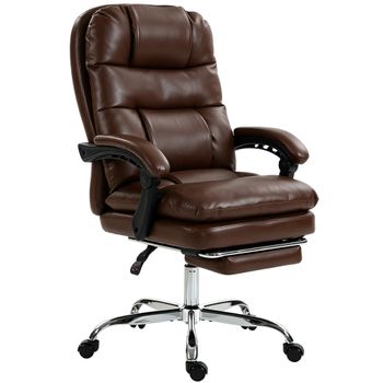 HOMCOM Silla de Oficina Ergonómica con Reposapiés de PU Muelles Ensacados Reclinable 155° Respaldo Alto Reposacabezas Marrón