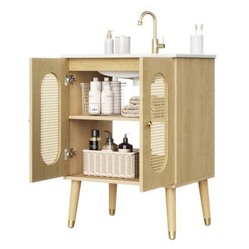 Mueble De Baño Independiente 61 Cm, Puertas De Ratán Transpirable, Lavabo Cerámico, Estante Fijo, Mdf, Grifo No Incluido