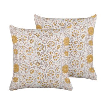 Conjunto De 2 Cojines De Algodón Blanco Amarillo Marrón 45 X 45 Cm A Mano Amara