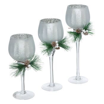 Juego De 3 Portavelas De Vidrio Con Pie H.30cm Plata