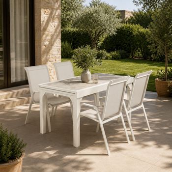Conjunto De Jardín Con Mesa Rectangualr Y Sillas Blanco Envejecido