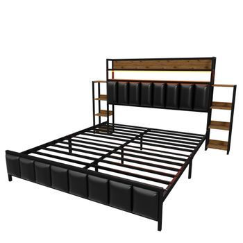 Cama Tapizada 160 X 200 Cm - Polipiel Y Metal - Cabecero Con Almacenaje Y Led - Negro (sin Colchón)