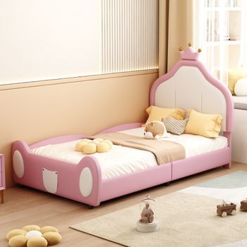 Cama Infantil Tapizada De 90 X 200 Cm Con Cabecero De Corona, Rosa Y Blanca