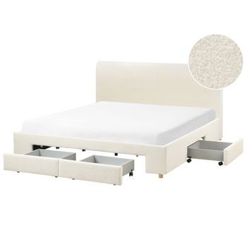 Cama Moderna Con Cajones Tapicería De Bouclé Con Somier De Listones 180 X 200 Cm Blanco Crema Soutrin