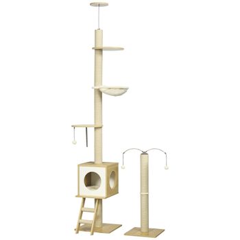 PawHut Árbol para Gatos de Suelo a Techo con Altura Ajustable Juego de Entretenimiento 40x40x225-285 cm Beige Diversión Garantizada   Aosom España
