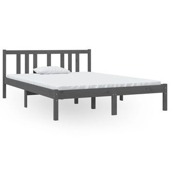 Estructura De Cama Matrimonial Madera Maciza Gris 135x190 Cm