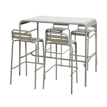 Mesa Alta De Jardín Con 4 Sillas Altas De Acero, Verde Kaki