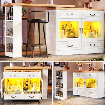 Mesa De Bar Extensible De 135 A 203 Cm, Giratoria 360°, Blanca Con Led