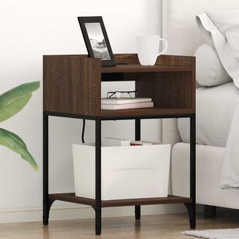 Set De 2 Mesitas De Noche - Mueble De Dormitorio - Madera Y Acero - Roble Marrón (40x40x61cm)