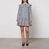 ganni stripe big collar cotton-poplin mini shirt dress - uk 16