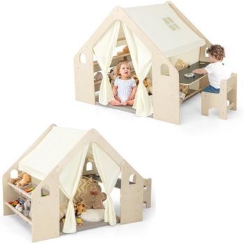 Tienda De Campaña Infantil De Madera 6 En 1 Con Pizarra, Cortinas Costway 145 X 98 X 113 Cm