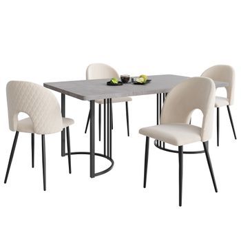 Juego De Comedor Moderno Conjunto De Mesa Y 4 Sillas Mesa De Comedor 140x80 Con Patas Ajustables Y Diseño De Rombos, Terciopelo Metal Y Mdf, Gris Y Beige