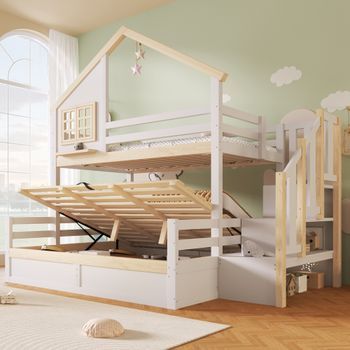 Cama Litera Hidráulica Con Escalera De Almacenamiento, Barrera De Seguridad, Decoración De Cabaña, Blanco Y Natural, 90x200 Y 140x200 Cm