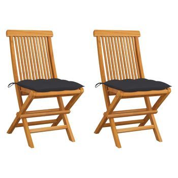 Pack 2 Uds Sillas De Jardín | Silla De Exterior | Sillón Madera De Teca Y Cojines Gris Antracita Cfw600367