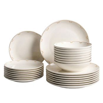 Vajilla De 24 Piezas De Porcelana Acabado Esmaltado Transparente Con Ribete Decorativo Blanco Y Dorado Charoli