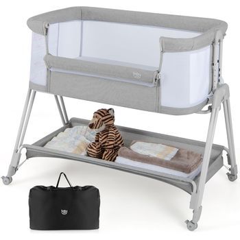 Cuna Plegable Portátil Con Colchón Y Estante De Almacenamiento, Costway 91 X 54 X 87 Cm Gris