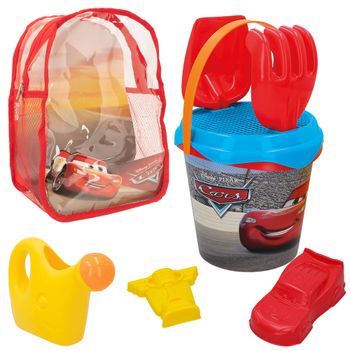 Cars - Set de playa infantil con cubo 18 cm y mochila, incluye pala, rastrillo, regadera, tamiz y moldes con forma de coche, juguetes playa para niños desde 18 meses, licencia oficial Disney, diseño