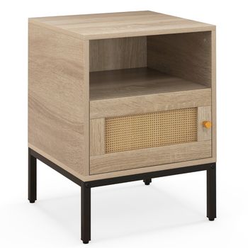 Costway Mesita de Noche Mesa de Acento Estilo Bohemio para Hogar con Estante Abierto y Puerta Decoración de Ratán para Salón Dormitorio Natural