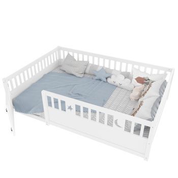 Cama De Suelo 140x190 Cm - Cama Infantil - Con Barandilla Y Somier - Para 2 Niños - En Pino - Blanco
