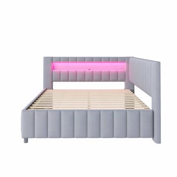 Sofá Cama 140x200 - Polsterbett Con Luz Led, Puerto Usb, Respaldo Y Cabecero - Gris
