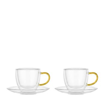 Tazas y platos de doble pared con asa amarilla - lote de 2