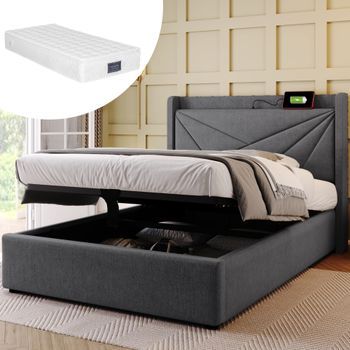 Cama Contenedor 90 X 200 Cm Con Cabecero - Usb + Tipo C - Tejido Lino - Gris + Colchón