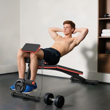 HOMCOM Banco de musculación plegable, banco ajustable para press de banca, curl de bíceps, entrenamiento de espalda y abdominales, con extensión de piernas, acero, negro y rojo