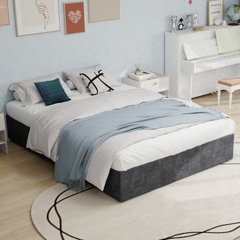 Cama Doble 160x200 Cm En Terciopelo Gris Con Estructura De Cajones Y Sistema De Apertura Hidráulica