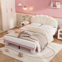 cama tapizada 140 x 200 con cabecero de corte ondulado y pies acolchados redondos - led - terciopelo - beige  rosa