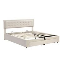 cama tapizada beige 180 x 200 cm con arcon hidraulico y 2 cajones