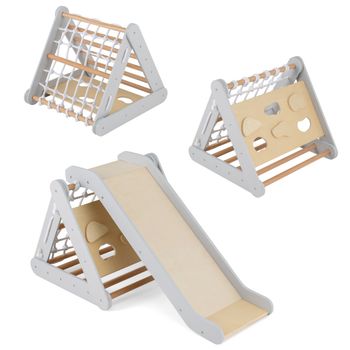 Costway Juguete de Escalada para Niños 4 en 1 Escalador Triangular con Tablero Deslizante Red de Escalada Juego de Madera para Interior Gris