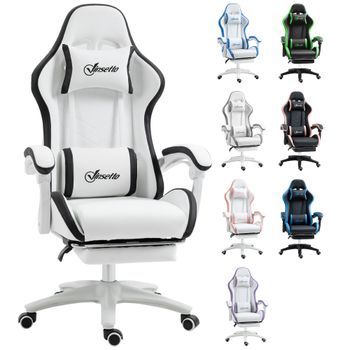 Vinsetto Silla Gaming Silla Gamer de Cuero PU Altura Ajustable Reclinable 135° Reposacabezas y Reposapiés 65x65x121-129 cm Blanco   Aosom España