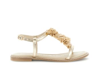 sandalias tipo chanclas de piel laminada con accesorio de rafia light gold