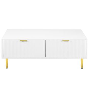 Mesa de centro blanca moderna con asas y patas doradas.