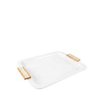 bandeja rectangular blanca con asas de madera 41x31 cm