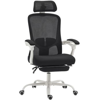 HOMCOM Silla de Oficina Reclinable 135° con Reposapiés Soporte Lumbar Reposacabezas Altura Ajustable de Malla Negro   Aosom España