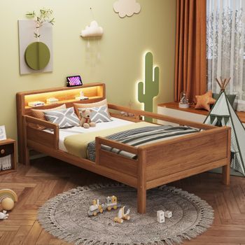 Sweiko Cama Madera 90x200 Cm Usb Type-c Luz Led Cabecero Almacenamiento Infantil Individual Multifuncional Pino