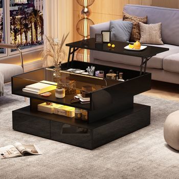 Mesa De Centro Elevable Hidráulica Negra De 80 X 80 Cm Con Almacenaje Oculto