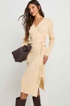 Vestido Midaxi De Punto Y Canalé Cruzado Con Botones, Beige