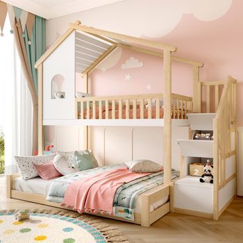 Litera Infantil 90x200 Y 140x200 Con Escalera Con Almacenaje Y Ventana
