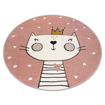 Alfombra Kiddo 6106 Circulo Rosa Claro / Blanca Gatito, Corona Para Ni Circulo 140 Cm